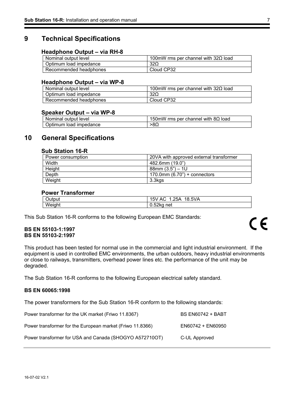 Bs en 55103-1:1997, Bs en 55103-2:1997, Bs en 60065:1998 | 9 technical specifications, 10 general specifications | Cloud Electronics SS16 User Manual | Page 8 / 9