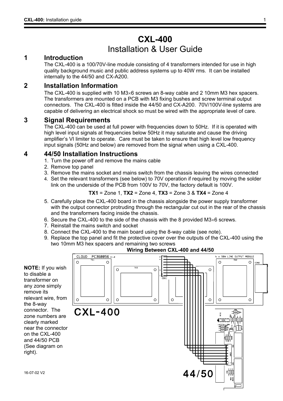 Installation & user guide, 1introduction, 2installation information | Cxl-400 installation & user guide, 1 introduction, 2 installation information, 3 signal requirements | Cloud Electronics CXL-400 User Manual | Page 2 / 4