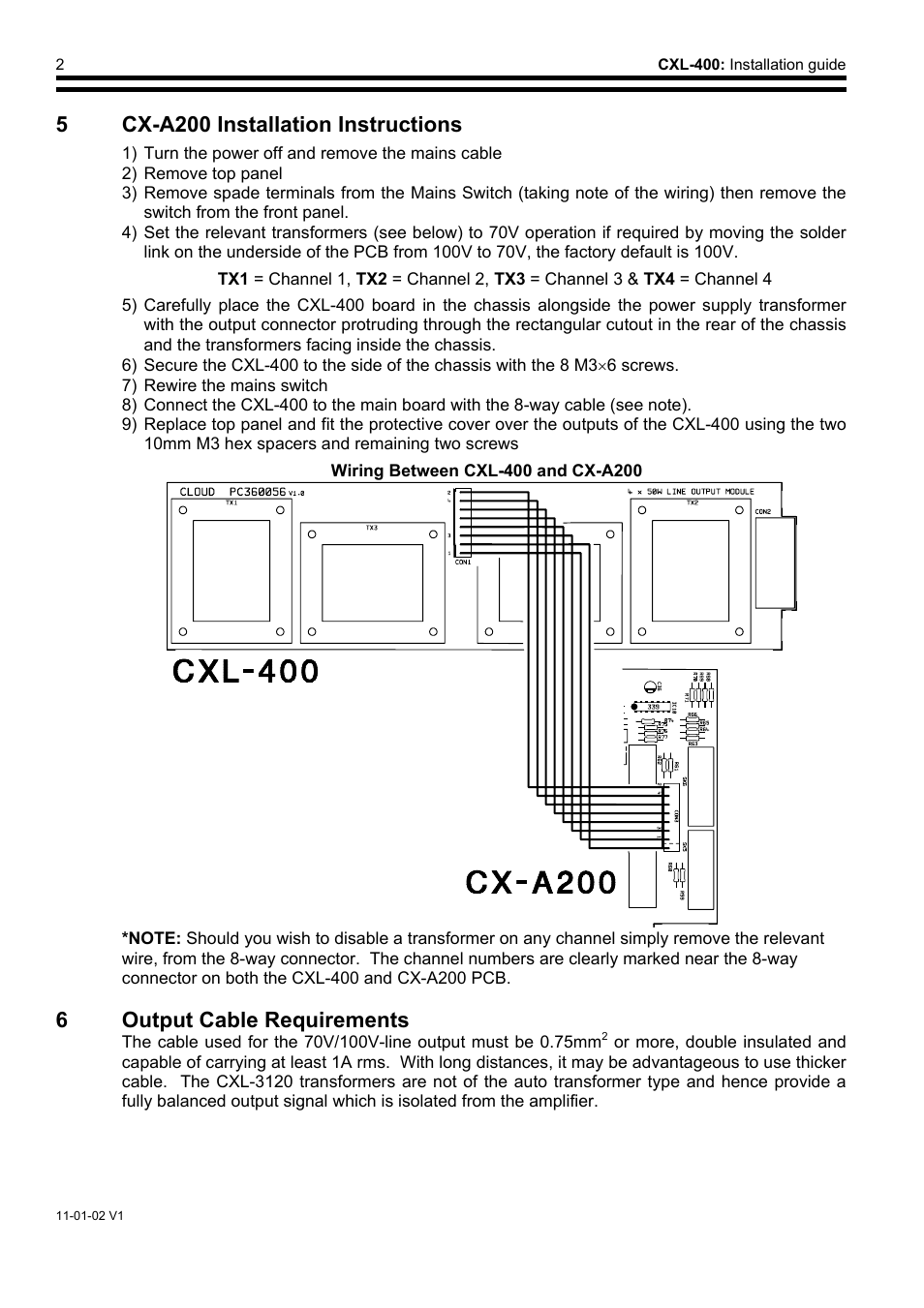 5cx-a200 installation instructions, 6output cable requirements | Cloud Electronics CXL-400 User Manual | Page 3 / 4