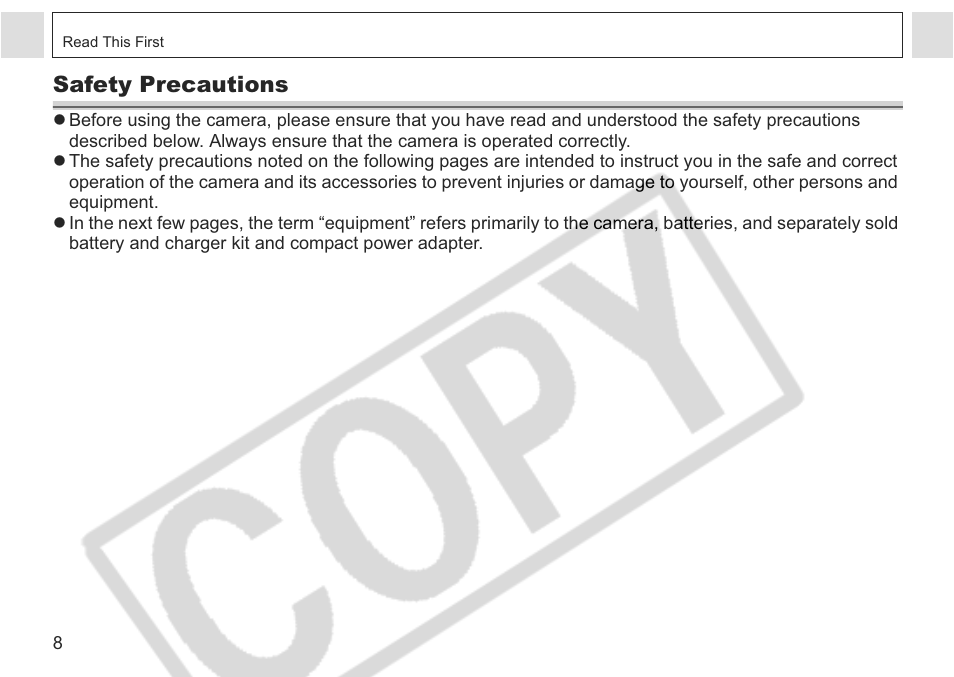 Safety precautions | Canon A75 User Manual | Page 10 / 156