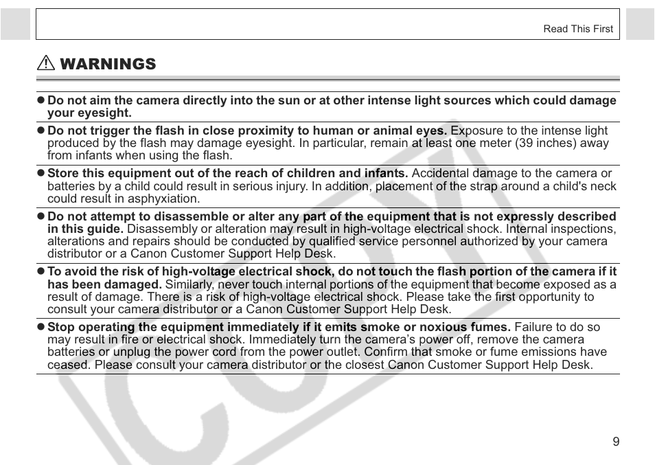 Warnings | Canon A75 User Manual | Page 11 / 156