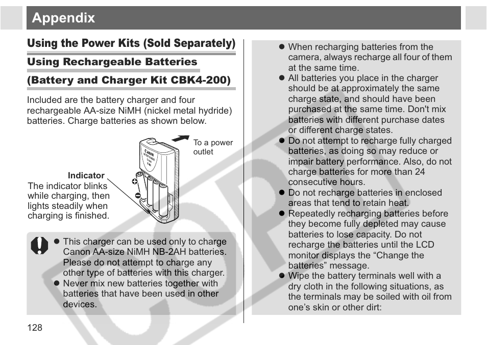 Appendix, Using the power kits (sold separately) | Canon A75 User Manual | Page 130 / 156