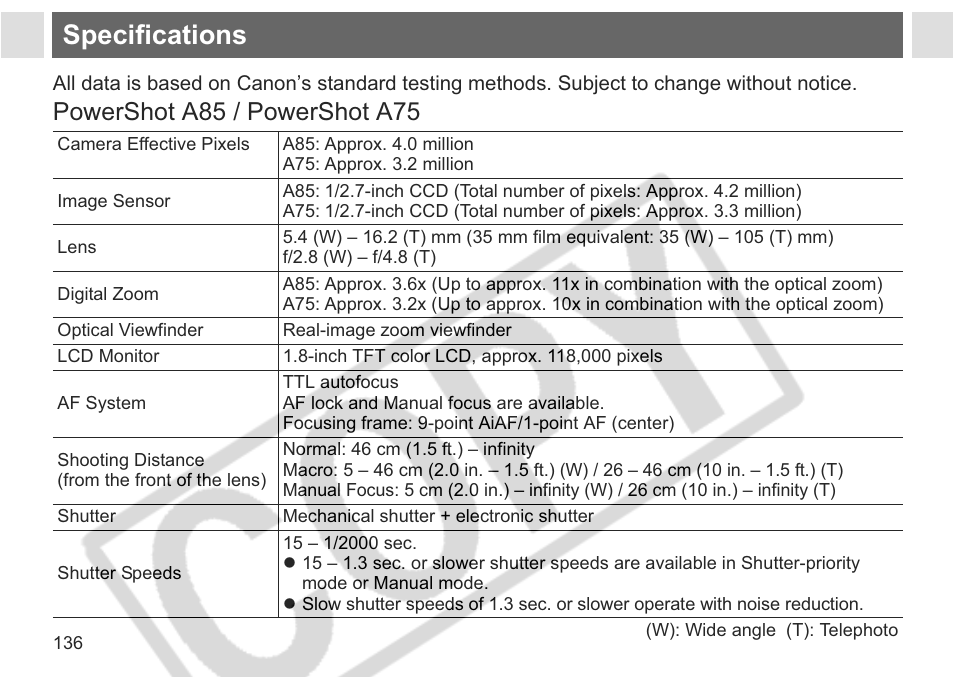 Specifications, Powershot a85 / powershot a75 | Canon A75 User Manual | Page 138 / 156
