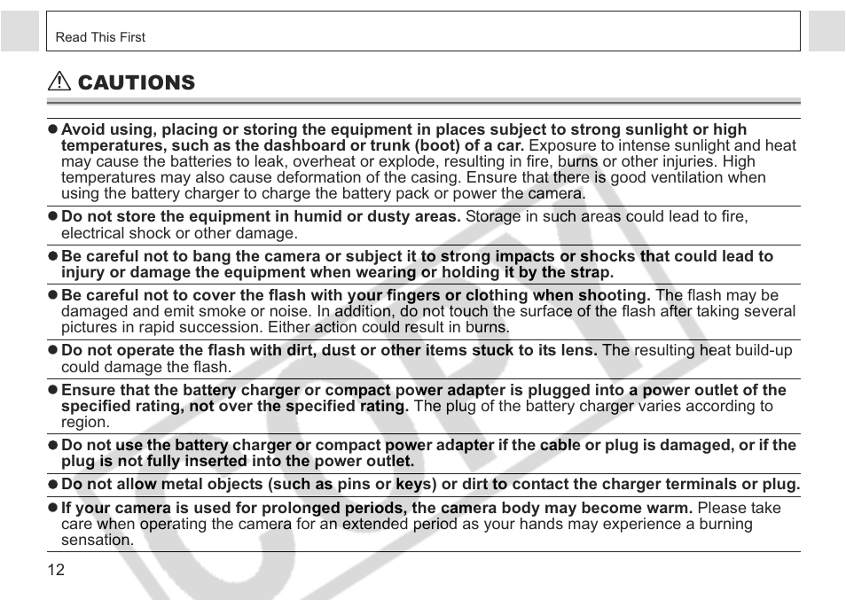 Cautions | Canon A75 User Manual | Page 14 / 156