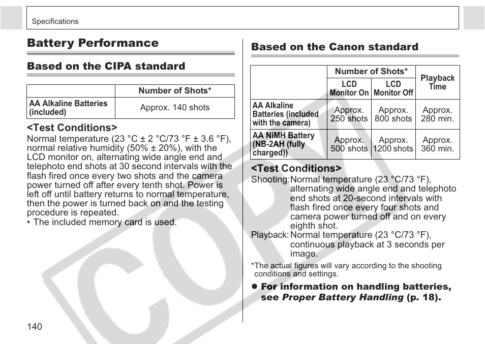 Battery performance | Canon A75 User Manual | Page 142 / 156