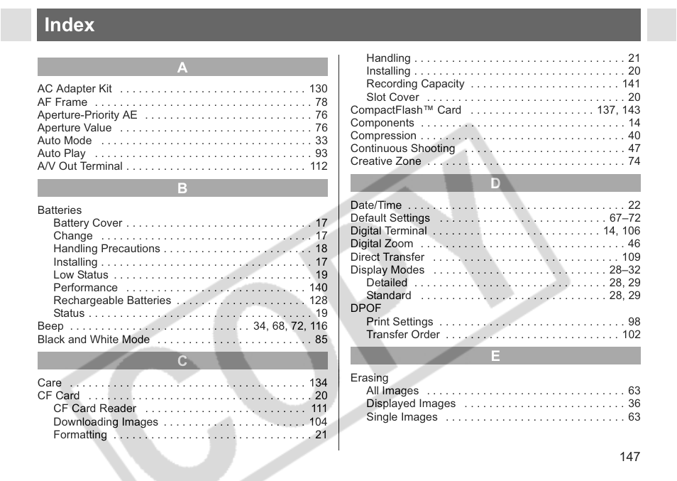 Index | Canon A75 User Manual | Page 149 / 156