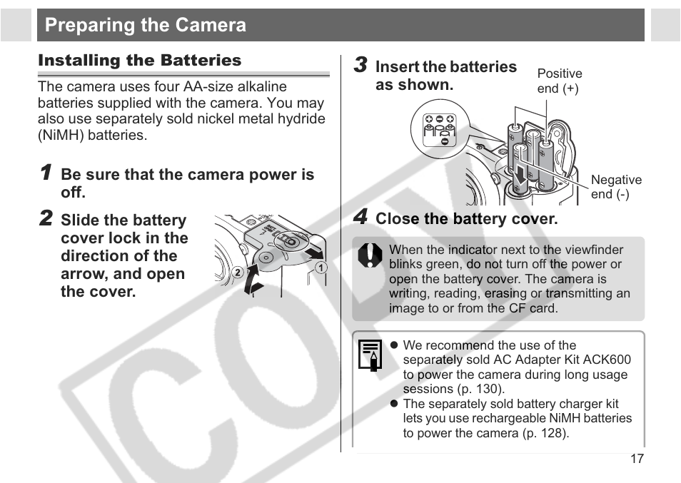 Preparing the camera | Canon A75 User Manual | Page 19 / 156