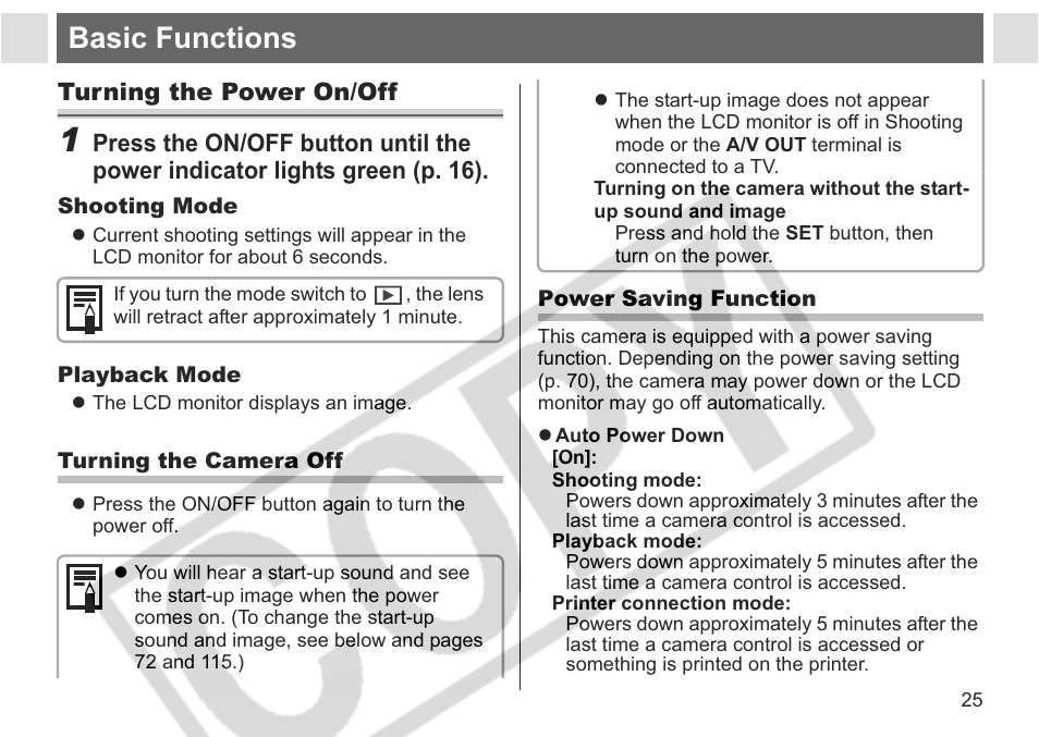 Basic functions | Canon A75 User Manual | Page 27 / 156