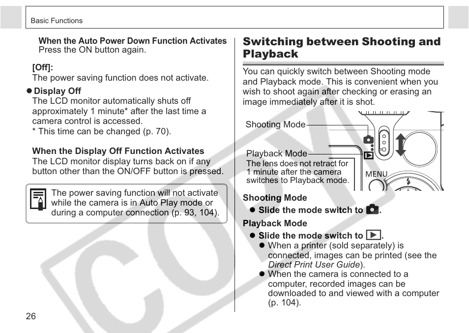 Switching between shooting and playback | Canon A75 User Manual | Page 28 / 156