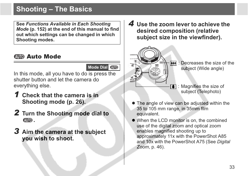 Shooting – the basics | Canon A75 User Manual | Page 35 / 156