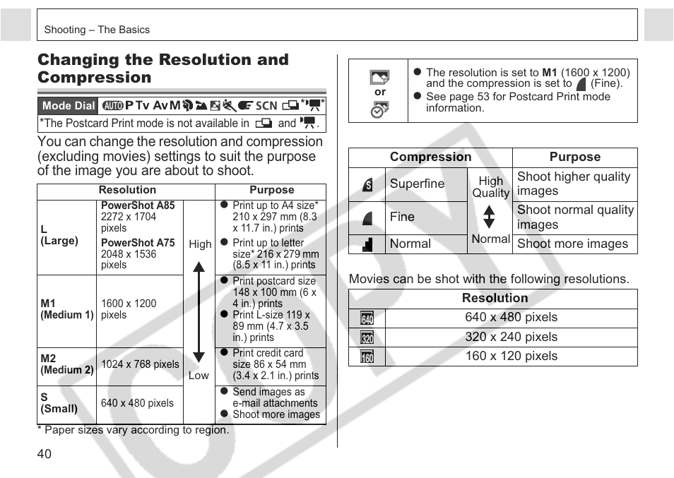 Changing the resolution and compression | Canon A75 User Manual | Page 42 / 156