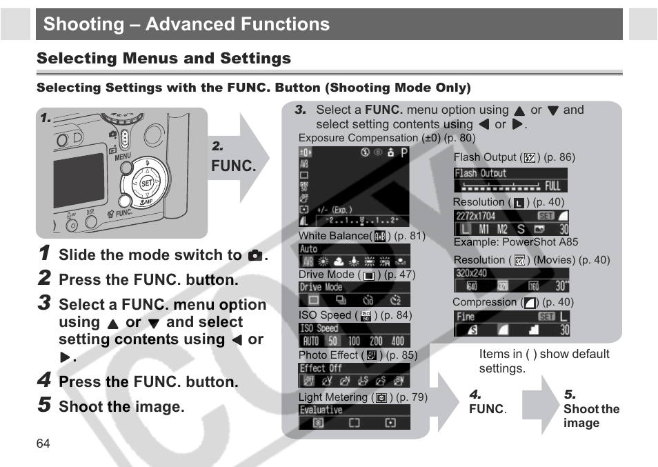 Shooting – advanced functions | Canon A75 User Manual | Page 66 / 156