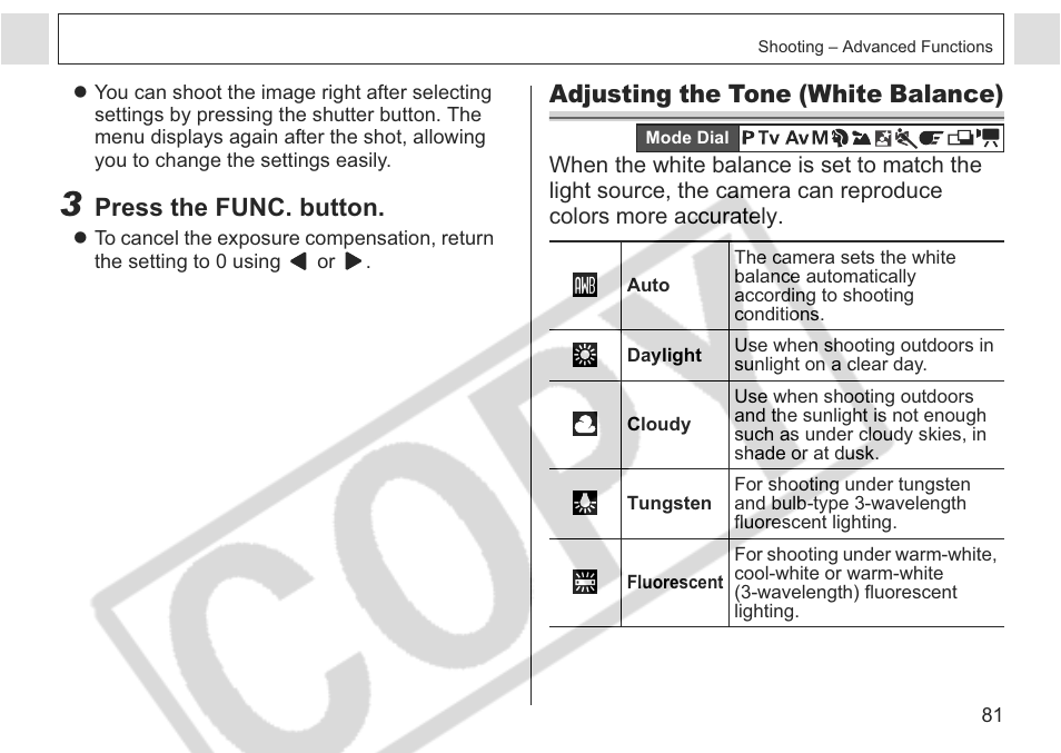 Press the func. button, Adjusting the tone (white balance) | Canon A75 User Manual | Page 83 / 156