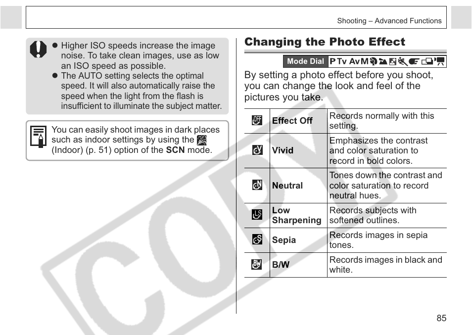 Changing the photo effect | Canon A75 User Manual | Page 87 / 156
