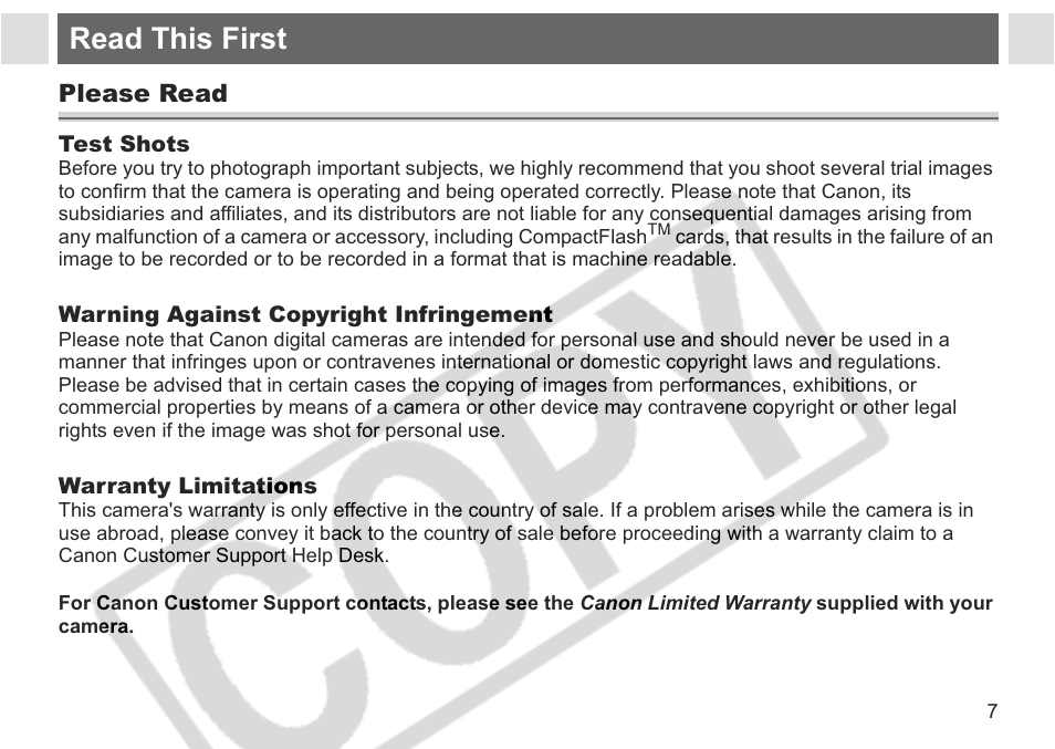 Read this first | Canon A75 User Manual | Page 9 / 156