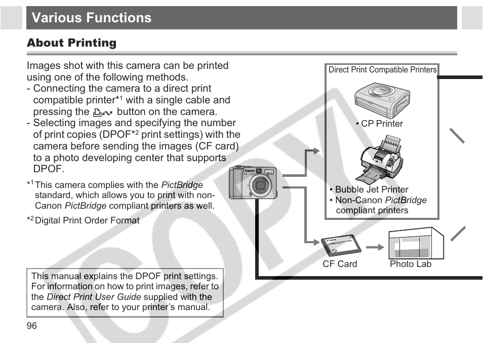 Various functions, About printing | Canon A75 User Manual | Page 98 / 156