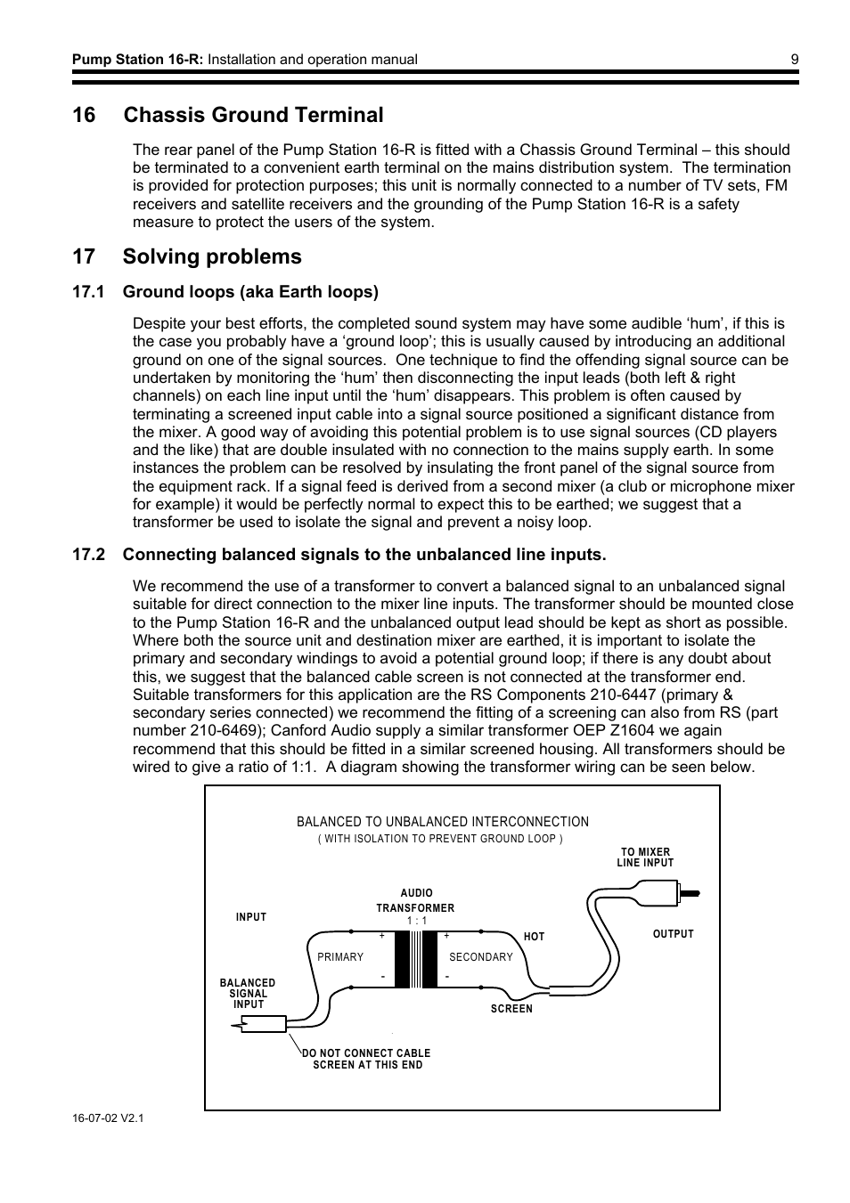 16 chassis ground terminal, 17 solving problems, 1 ground loops (aka earth loops) | Cloud Electronics PS16 User Manual | Page 10 / 12