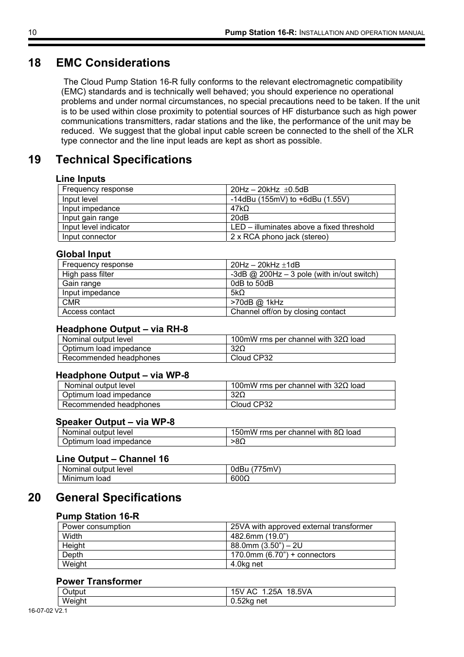 18 emc considerations, 19 technical specifications, 20 general specifications | Cloud Electronics PS16 User Manual | Page 11 / 12