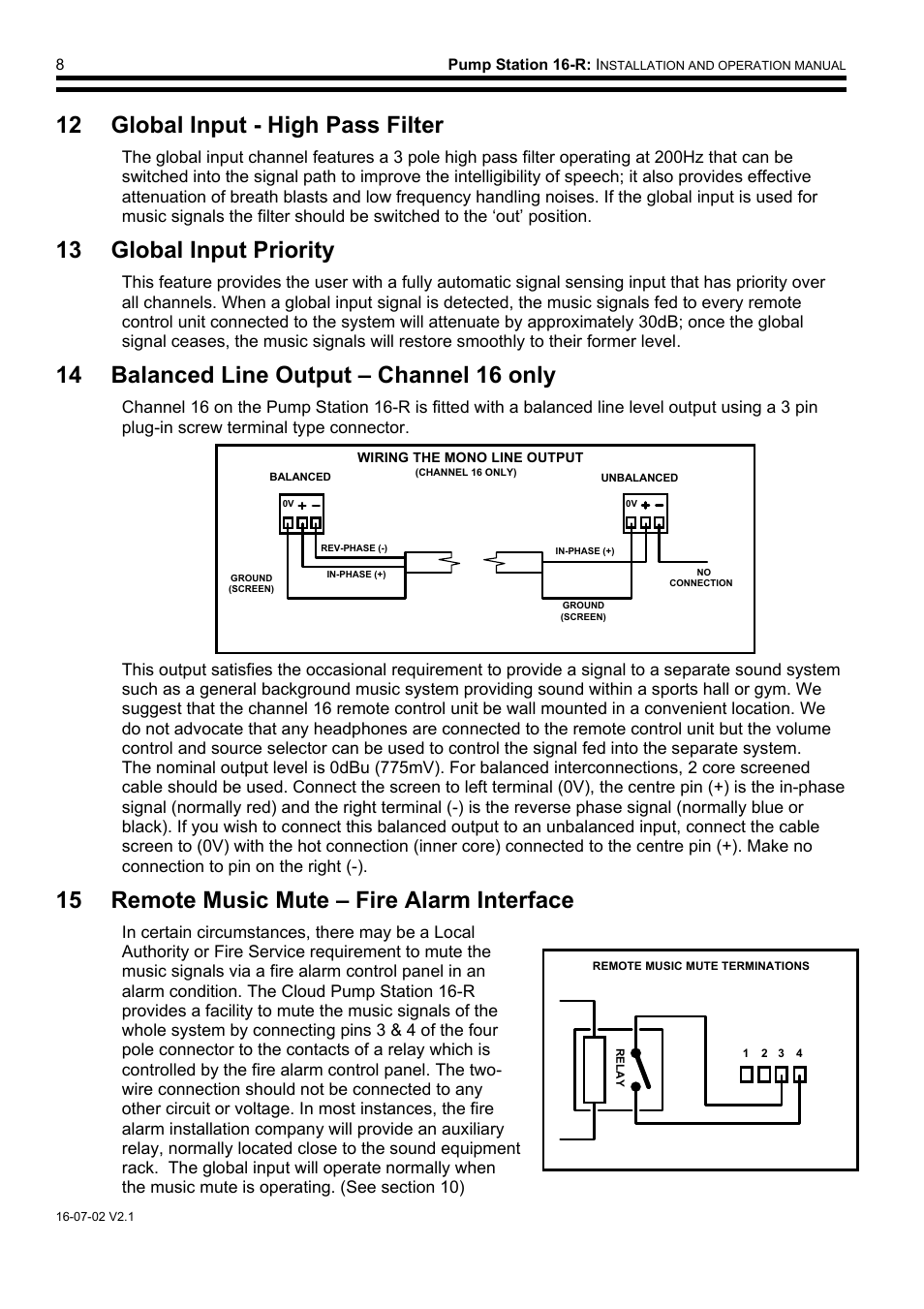 12 global input - high pass filter, 13 global input priority, 14 balanced line output – channel 16 only | 15 remote music mute – fire alarm interface | Cloud Electronics PS16 User Manual | Page 9 / 12