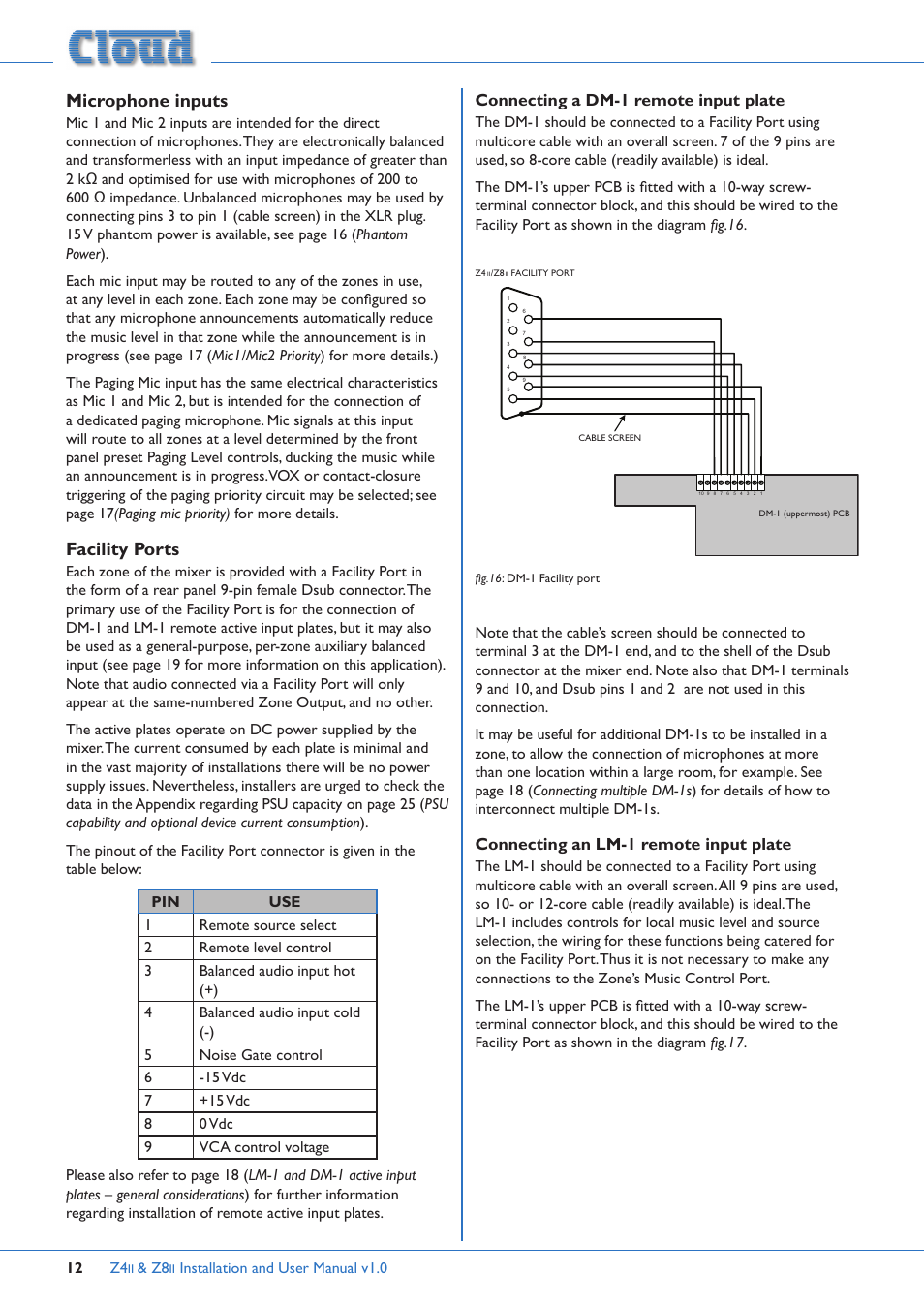 Microphone inputs, Facility ports, Connecting a dm-1 remote input plate | Connecting an lm-1 remote input plate | Cloud Electronics Z4ii User Manual | Page 12 / 28