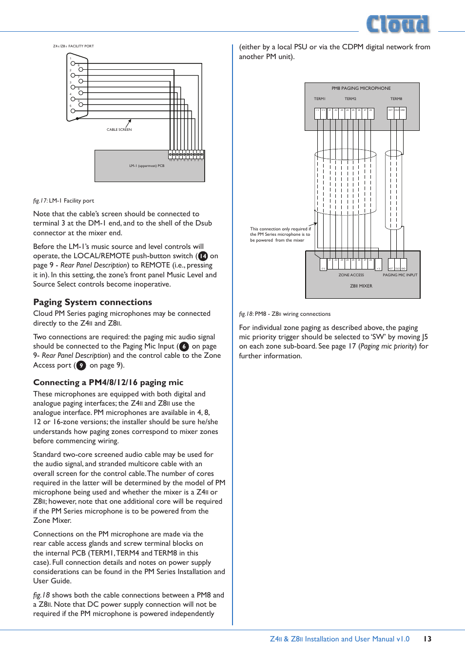 Paging system connections, Connecting a pm4/8/12/16 paging mic, Installation and user manual v1.0 13 | And z8, On page 9 ), Or z8 | Cloud Electronics Z4ii User Manual | Page 13 / 28