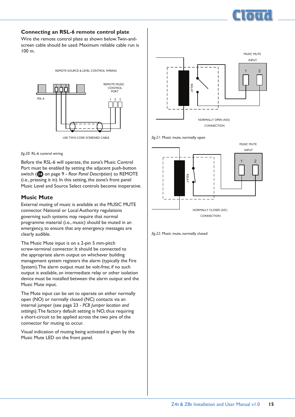 Connecting an rsl-6 remote control plate, Music mute, Installation and user manual v1.0 15 | Cloud Electronics Z4ii User Manual | Page 15 / 28