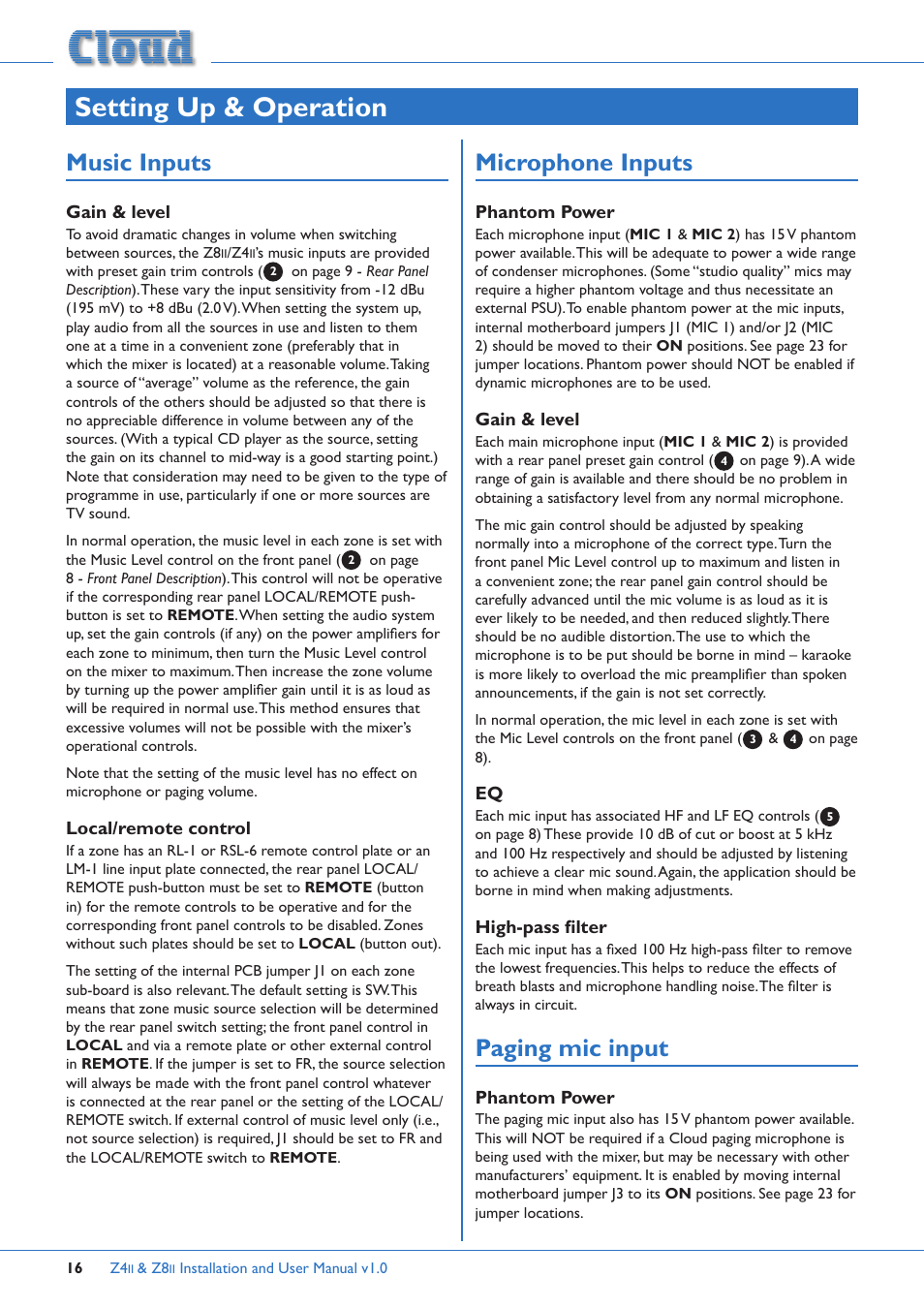 Setting up & operation, Music inputs, Gain & level local/remote control | Microphone inputs, Phantom power gain & level, Eq high-pass filter, Paging mic input, Phantom power | Cloud Electronics Z4ii User Manual | Page 16 / 28
