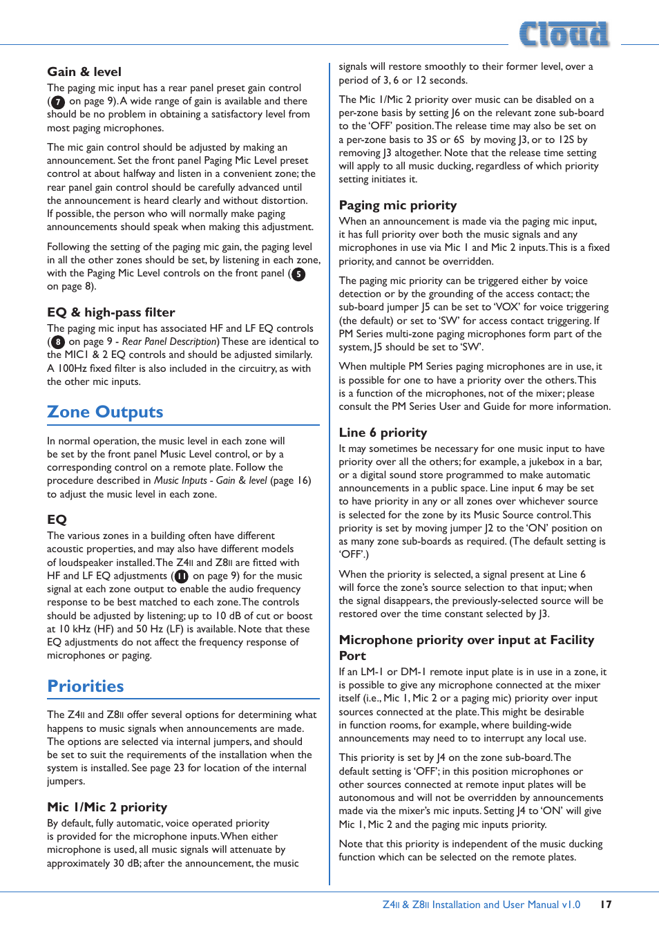 Gain & level, Eq & high-pass filter, Zone outputs | Priorities | Cloud Electronics Z4ii User Manual | Page 17 / 28