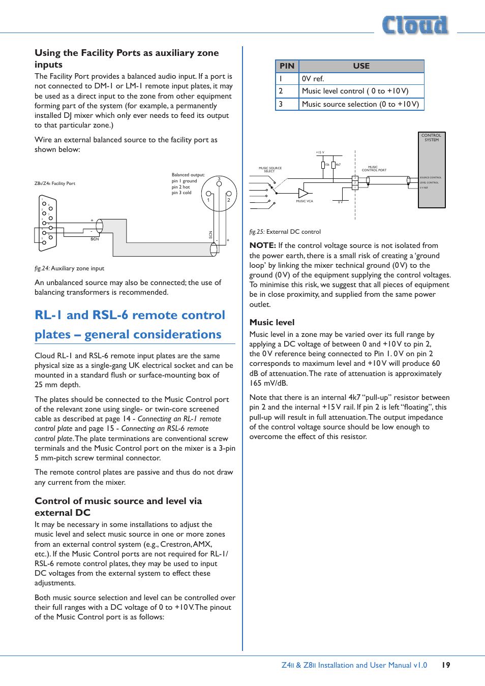 Using the facility ports as auxiliary zone inputs, Rl-1 and rsl-6 remote control plates – general, Considerations | Music level, Control of music source and level via external dc, Installation and user manual v1.0 19 | Cloud Electronics Z4ii User Manual | Page 19 / 28