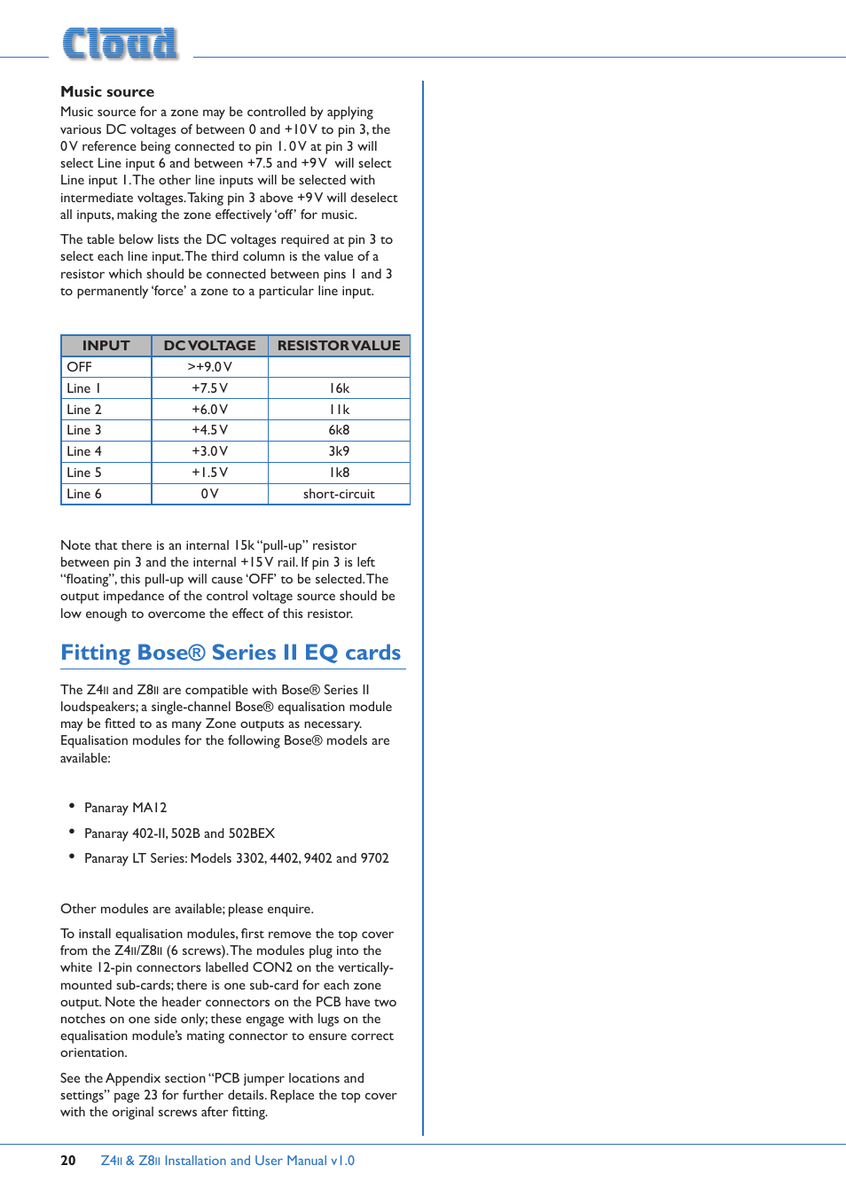 Music source, Fitting bose® series ii eq cards | Cloud Electronics Z4ii User Manual | Page 20 / 28