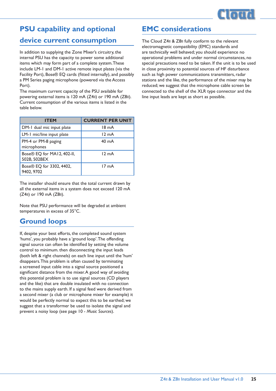 Psu capability and optional device current, Consumption, Ground loops | Emc considerations | Cloud Electronics Z4ii User Manual | Page 25 / 28