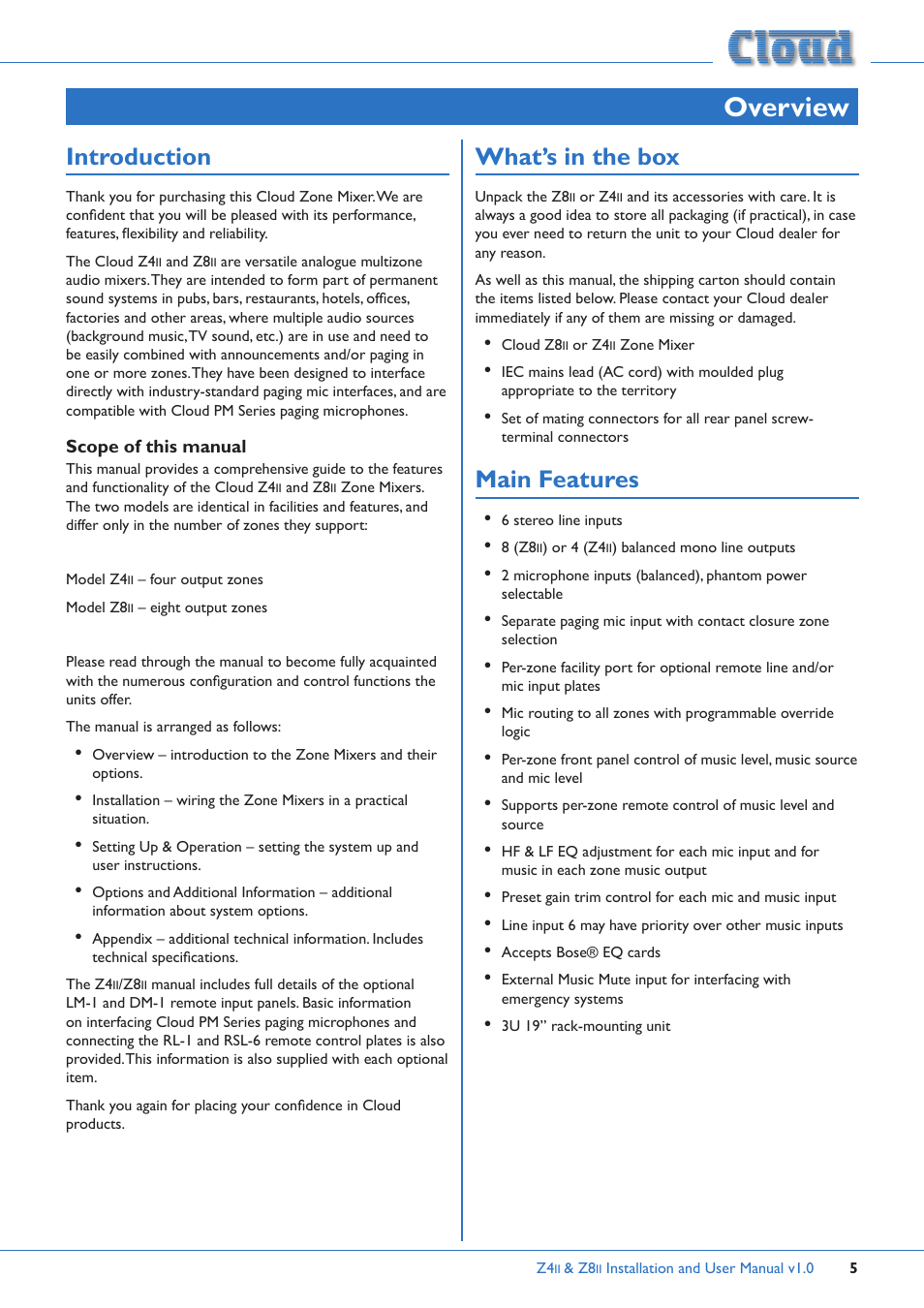 Overview, Introduction, Scope of this manual | What’s in the box, Main features | Cloud Electronics Z4ii User Manual | Page 5 / 28