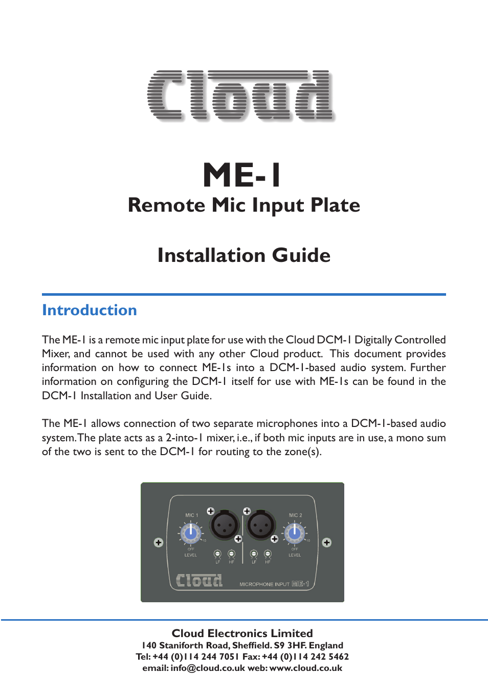 Cloud Electronics ME-1 Installation User Manual | 4 pages