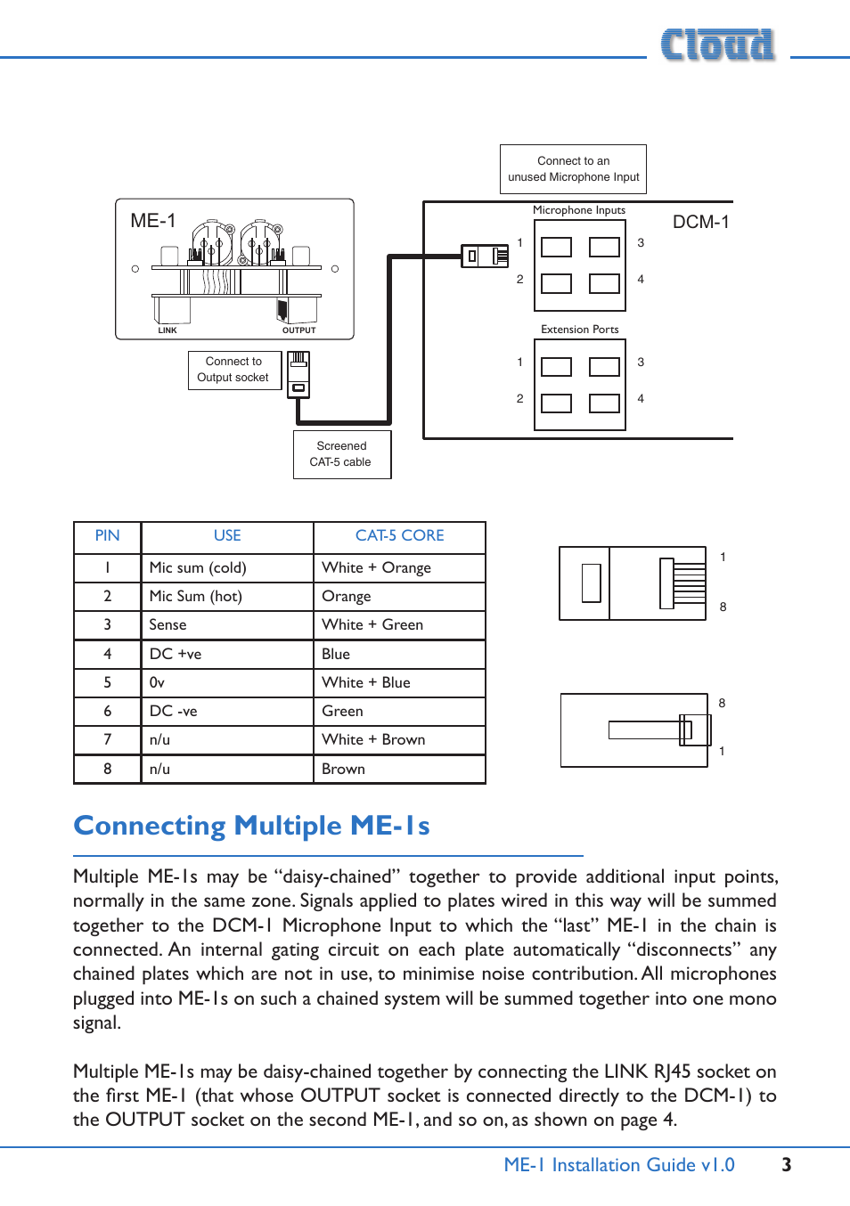 Connecting multiple me-1s, Me-1 installation guide v1.0 3, Me-1 | Cloud Electronics ME-1 Installation User Manual | Page 3 / 4