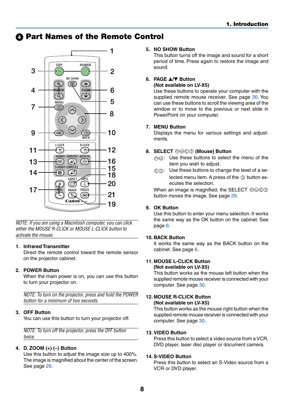 4) part names of the remote control, ᕤ part names of the remote control | Canon LV-7245 User Manual | Page 16 / 71