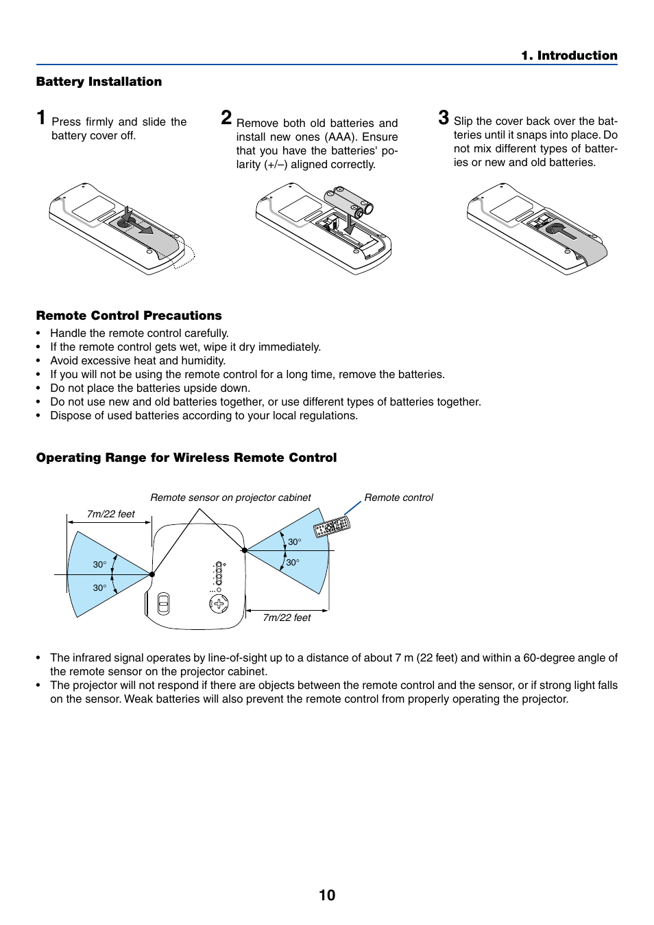 Battery installation, Remote control precautions, Operating range for wireless remote control | Canon LV-7245 User Manual | Page 18 / 71