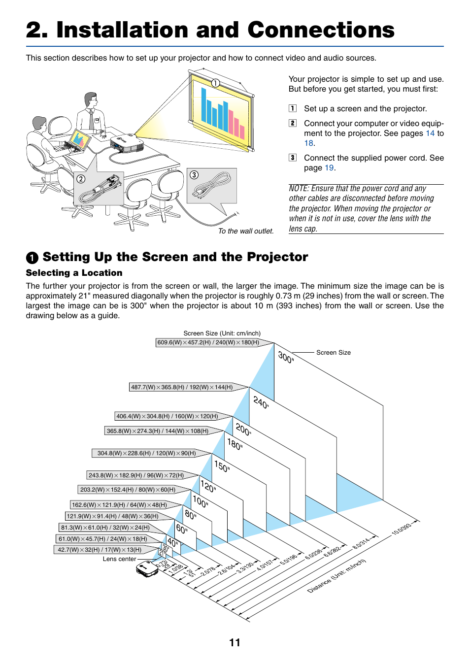 Installation and connections, 1) setting up the screen and the projector, Selecting a location | ᕡ setting up the screen and the projector | Canon LV-7245 User Manual | Page 19 / 71