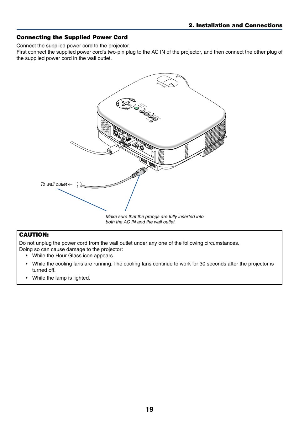 Connecting the supplied power cord, Installation and connections, Caution | Canon LV-7245 User Manual | Page 27 / 71