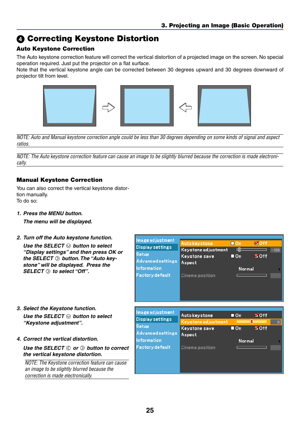 4) correcting keystone distortion, Auto keystone correction, Manual keystone correction | ᕤ correcting keystone distortion | Canon LV-7245 User Manual | Page 33 / 71