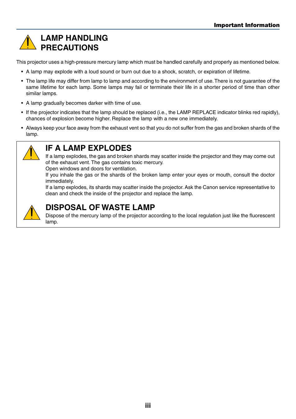 Lamp handling precautions, If a lamp explodes, Disposal of waste lamp | Canon LV-7245 User Manual | Page 4 / 71