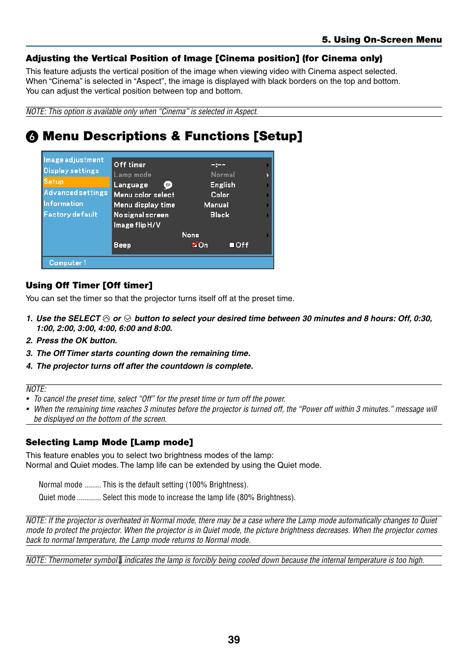 6) menu descriptions & functions [setup, Using off timer [off timer, Selecting lamp mode [lamp mode | ᕦ menu descriptions & functions [setup, Menu descriptions & functions [setup | Canon LV-7245 User Manual | Page 47 / 71