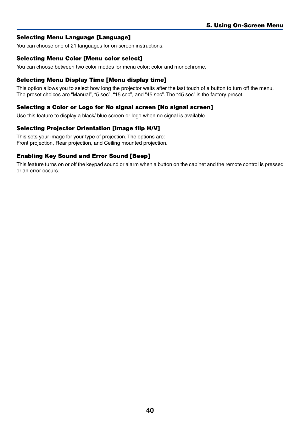 Selecting menu language [language, Selecting menu color [menu color select, Selecting menu display time [menu display time | Selecting projector orientation [image flip h/v, Enabling key sound and error sound [beep | Canon LV-7245 User Manual | Page 48 / 71