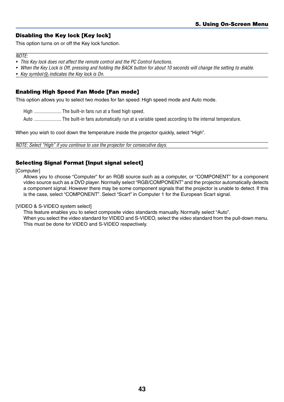 Disabling the key lock [key lock, Enabling high speed fan mode [fan mode, Selecting signal format [input signal select | Canon LV-7245 User Manual | Page 51 / 71