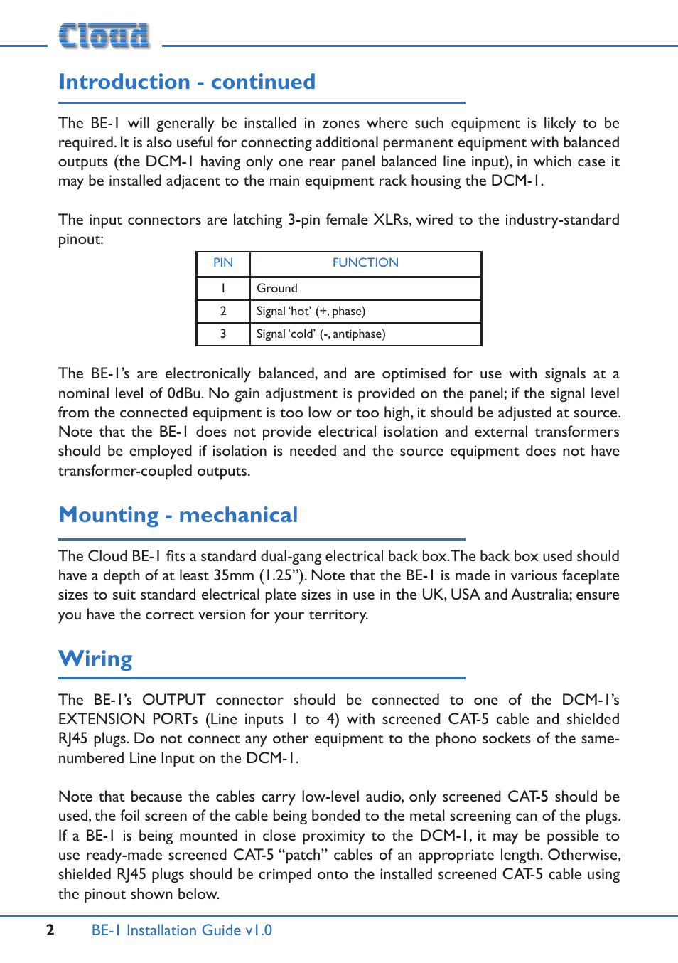 Introduction - continued, Mounting - mechanical, Wiring | Cloud Electronics BE-1 User Manual | Page 2 / 4