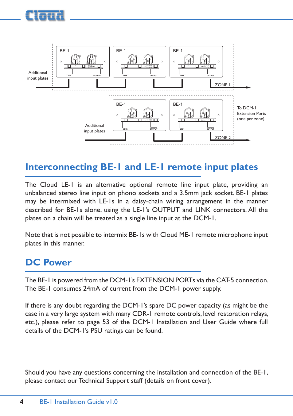 Interconnecting be-1 and le-1 remote input plates, Dc power, Be-1 installation guide v1.0 4 | Cloud Electronics BE-1 User Manual | Page 4 / 4
