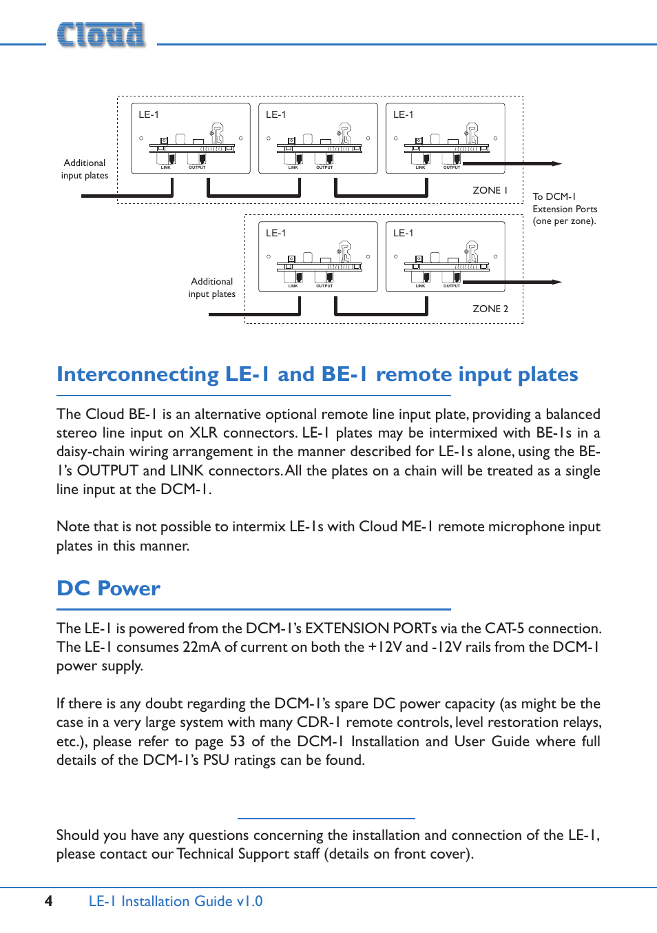Interconnecting le-1 and be-1 remote input plates, Dc power, Le-1 installation guide v1.0 4 | Cloud Electronics LE-1 User Manual | Page 4 / 4