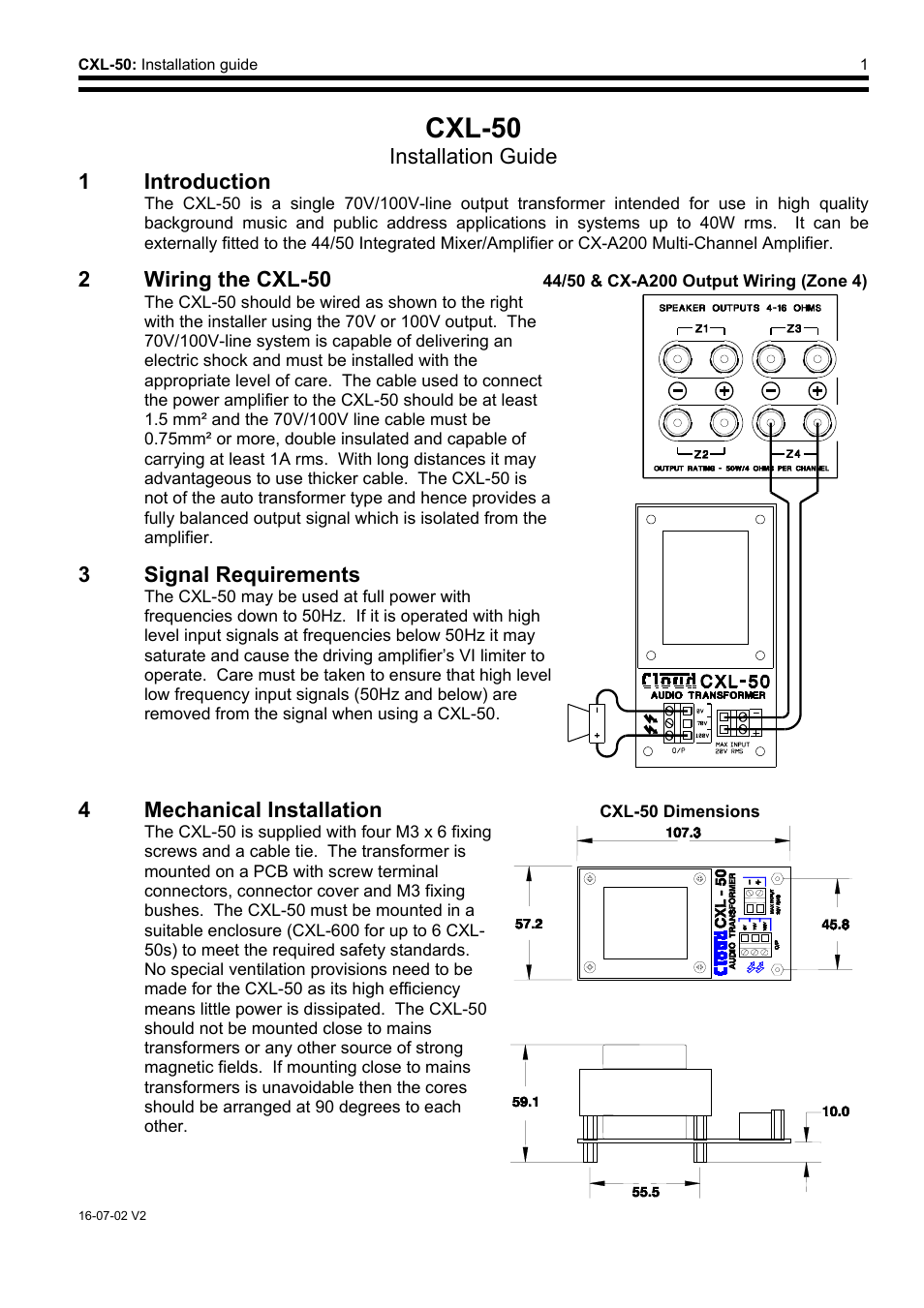 Cxl-50, Installation guide, 1 introduction | 2wiring the cxl-50, 3 signal requirements, 4mechanical installation | Cloud Electronics CXL50 User Manual | Page 2 / 3