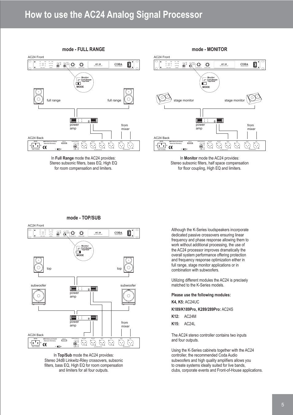 How to use the ac24 analog signal processor, Mode - top/sub mode - full range, Mode - monitor | Full range, Full range from mixer ac24 back, Power amp, Ac24 front, Stage monitor, Stage monitor from mixer ac24 back | Coda Audio K-Series User Manual | Page 5 / 8