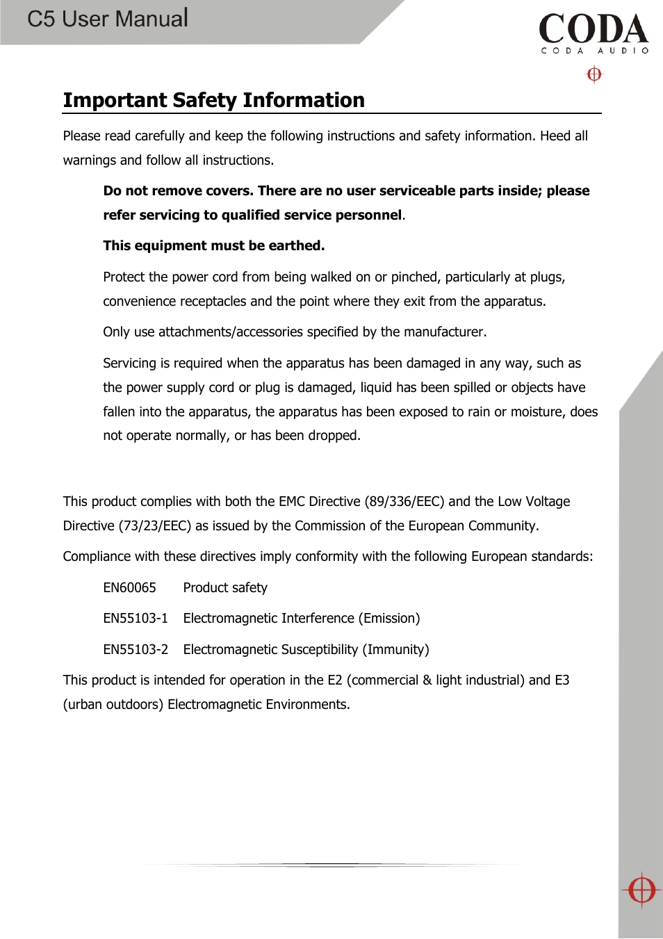 Important safety information | Coda Audio C5 User Manual | Page 2 / 33