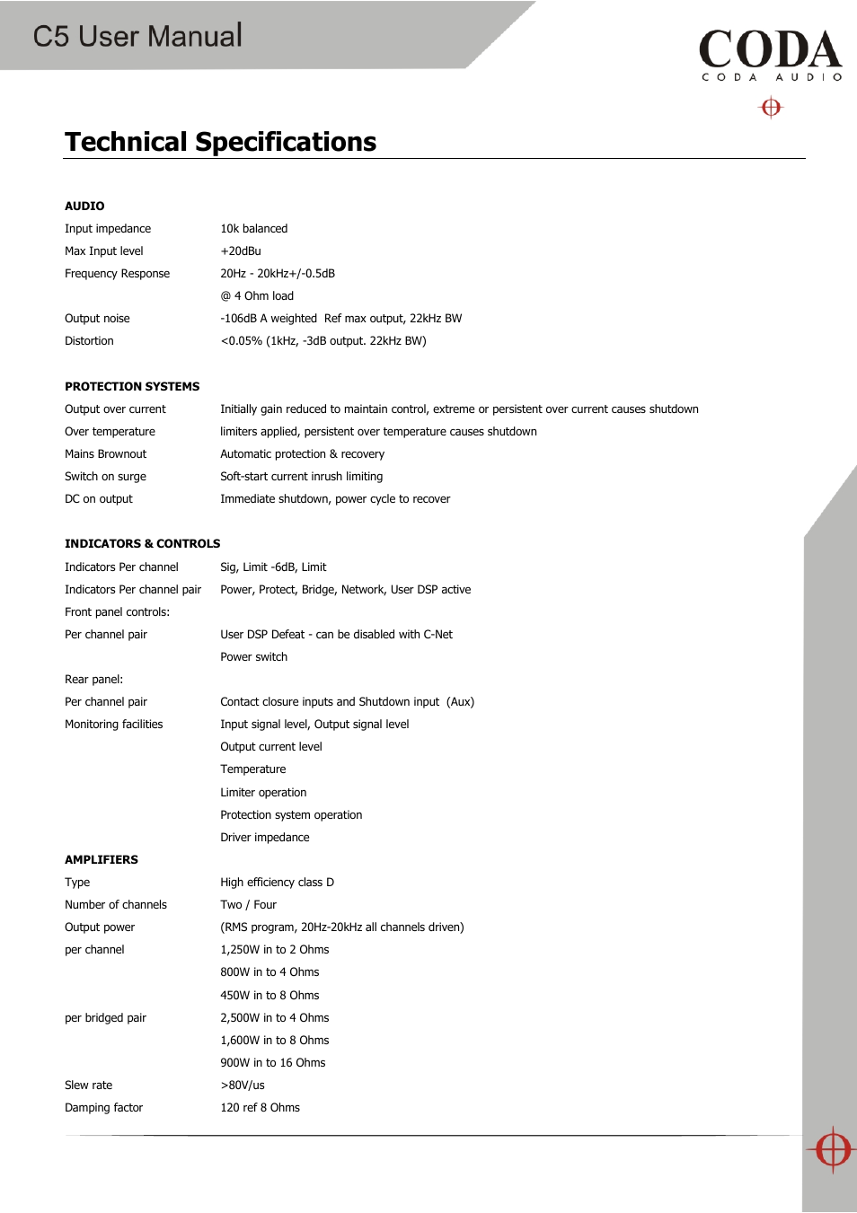 Technical specifications | Coda Audio C5 User Manual | Page 31 / 33